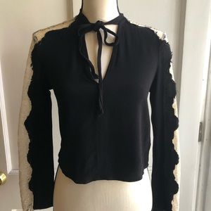 Free People Black Blouse with White Lace Sleeves